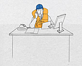 Businessman on phone wearing hard hat, illustration