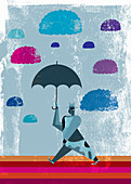 Clouds above businessman with umbrella, illustration