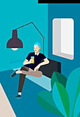 Man relaxing on sofa with drink, illustration