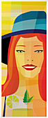 Smiling woman with cocktail and sun hat, illustration