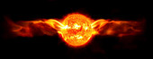 Sun with solar flares as winged sun disk, illustration