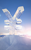 Frozen yen sign on top of mountain, illustration