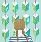 Girl looking at alphabet blocks, illustration