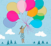 Floating woman holding bunch of balloons, illustration
