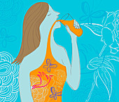 Woman drinking natural juice, illustration