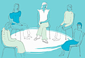 Women sitting together in support group, illustration