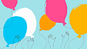 Hands reaching for multicoloured balloons, illustration