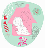 Mother holding swaddled newborn baby, illustration