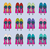 Rows of multicoloured high heels, illustration