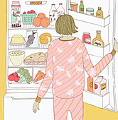 Woman looking in the fridge, illustration