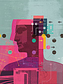 Man and data by arrows and circuit boards, illustration