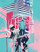 Construction workers on building site, illustration