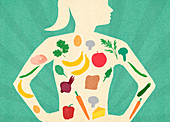 Variety of healthy food inside of woman's body, illustration