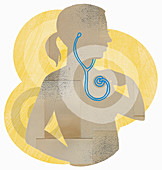 Woman listening to own chest with stethoscope, illustration