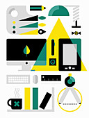 Desktop equipment for digital artist, illustration