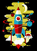 Retro rocket exploring outer space, illustration