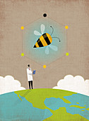 Scientist researching bees on top of the globe, illustration