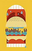 Cheeseburger inside of drooling mouth, illustration