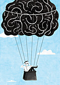 Happy man relaxing in brain hot air balloon, illustration
