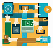 Hands pressing play button on digital devices, illustration