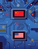 Chinese and American flags on circuit board, illustration