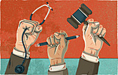 Raised fists holding stethoscope, illustration