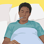 Man lying ill in bed taking temperature, illustration