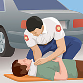 Paramedic helping patient lying on road, illustration