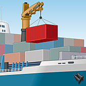 Crane moving cargo container on ship, illustration