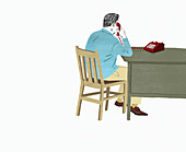 Man sitting at desk on landline telephone, illustration