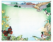 Animals at edge of pond next to busy road, illustration