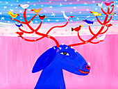 Birds perching on antlers of reindeer in snow, illustration