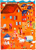 People in traditional village scene, illustration
