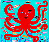 Happy octopus and fish in ocean, illustration