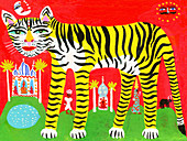 Striped tiger in traditional Indian scene, illustration