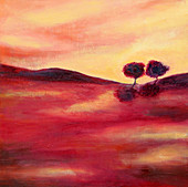 Trees in tranquil pink landscape, illustration
