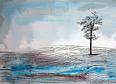 Bare tree in snowy field in winter, illustration