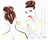 Beautiful woman applying lipstick in mirror, illustration