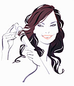 Woman curling hair with curling tongs, illustration