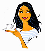 Woman holding teacup and saucer, illustration