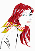 Woman wearing polka dot scarf, illustration
