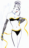 Woman wearing lingerie holding measuring tape, illustration