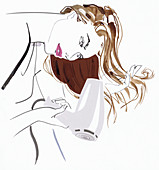 Beautiful woman blow drying long hair, illustration