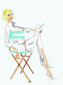 Woman reading script in director's chair, illustration