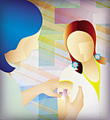 Nurse putting sticking plaster on girl's arm, illustration