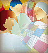 Doctors and nurses discussing schedule, illustration