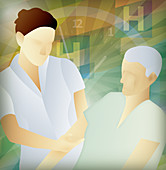 Nurse helping elderly patient, illustration