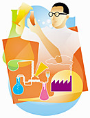 Industrial chemist doing science experiment, illustration