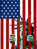 Statue of Liberty in American flag jail, illustration