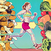 Woman running to healthy lifestyle, illustration